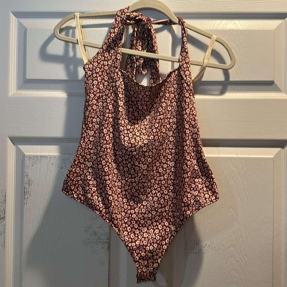 Free People Talk Back Halter Bodysuit Brown Floral M - Picture 3 of 9